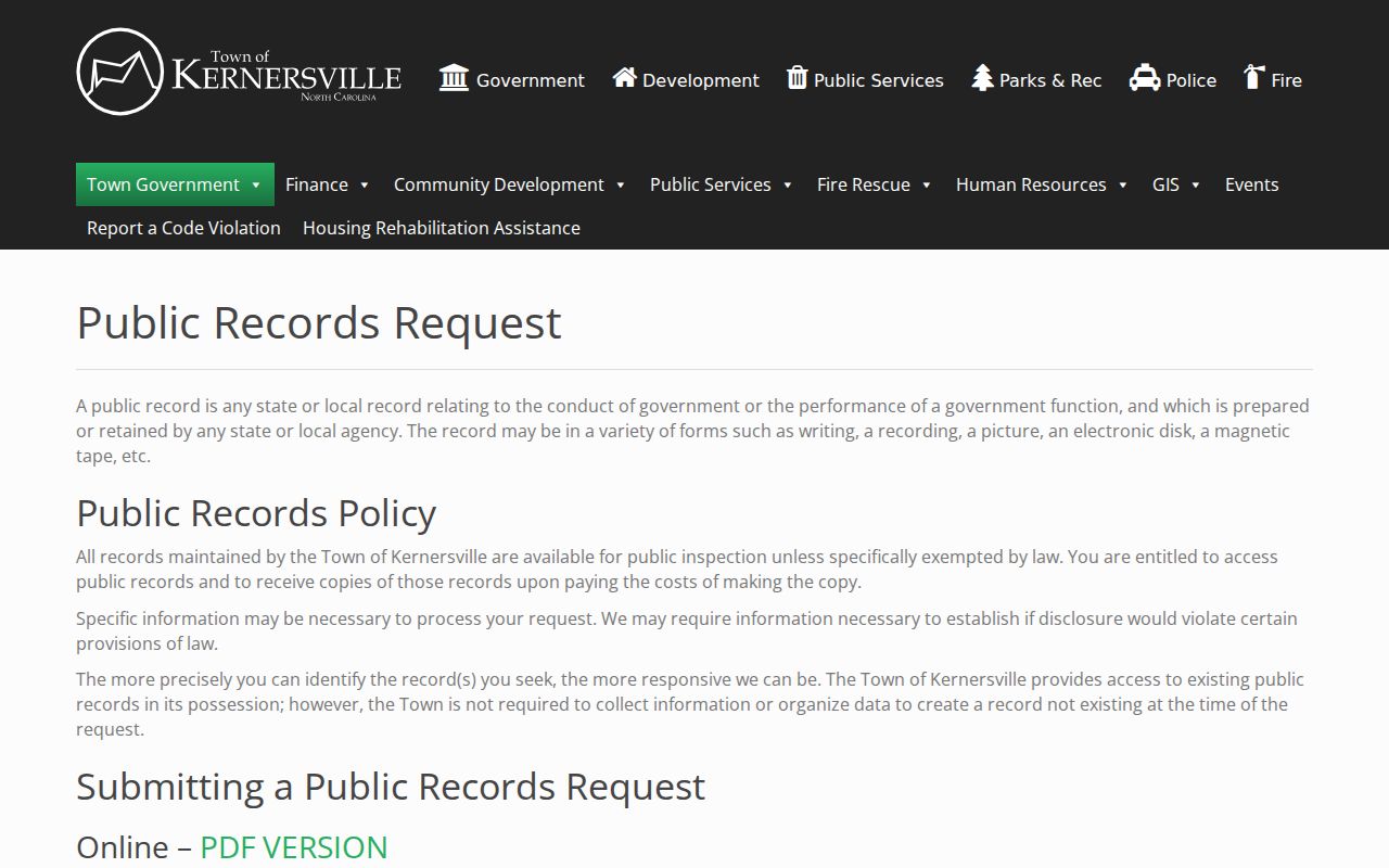Kernersville people search through the Town public records request policy