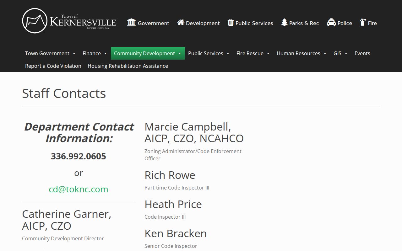 Kernersville people directory with Community Development staff roster
