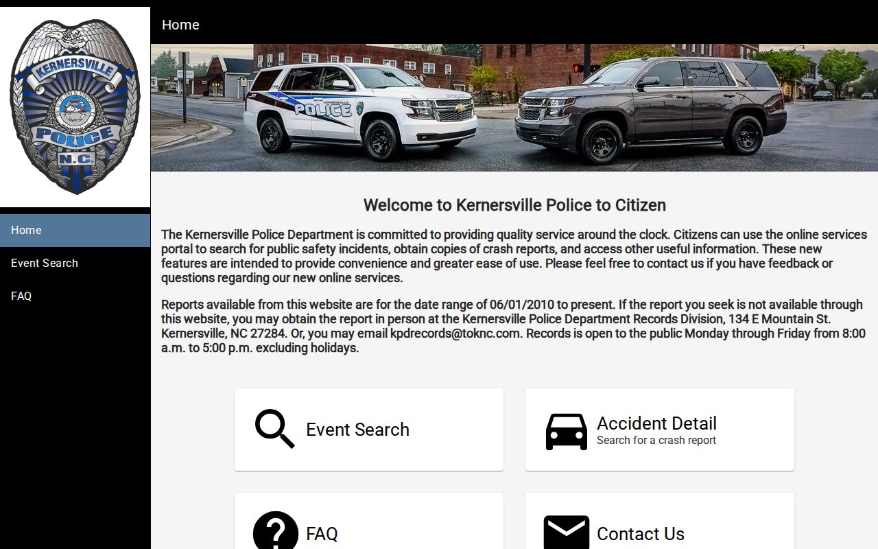 Kernersville public records Police2Citizen report search interface